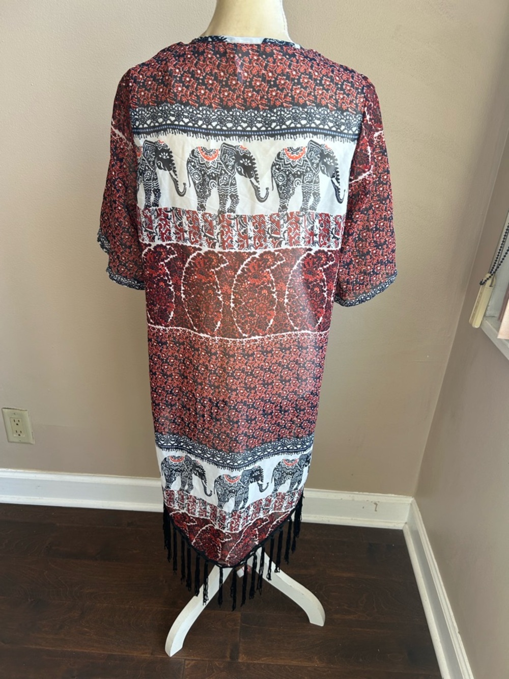 New Womens Cardigan Sz M Fringed Sheer Shirt Sleeve Boho Floral Elephants 4122 - Picture 4 of 4